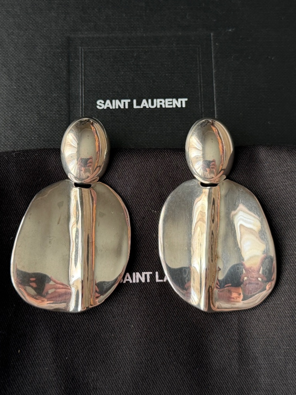 Saint Laurent YSL Bo Minimalist Geometric Round Silver Brass Drop Earrings